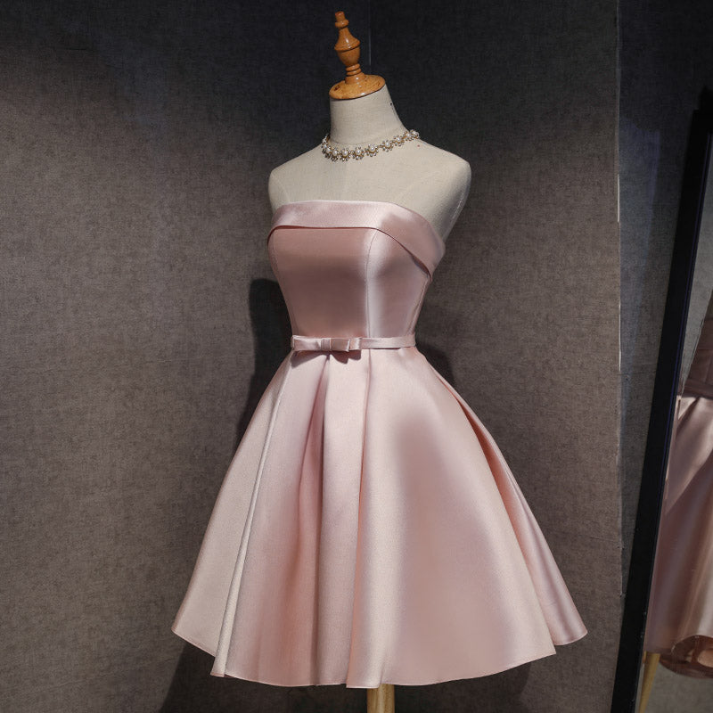 Cute Pink Satin Scoop Knee Length Short Prom Dress Homecoming Dress, Pink Prom Dresses