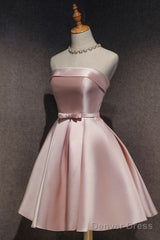 Cute Pink Satin Scoop Knee Length Short Prom Dress Homecoming Dress, Pink Formal Dresses