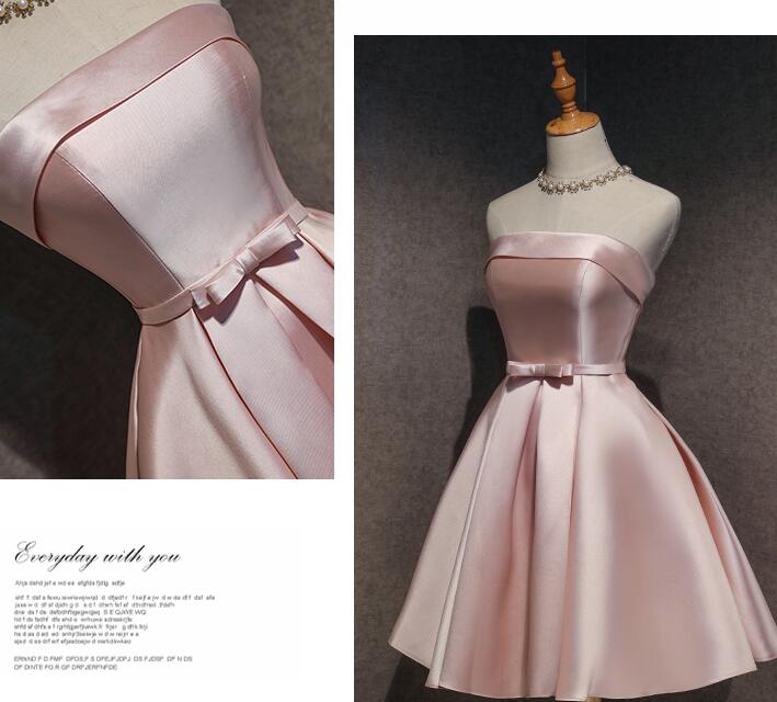 Cute Pink Satin Scoop Knee Length Short Prom Dress Homecoming Dress, Pink Prom Dresses