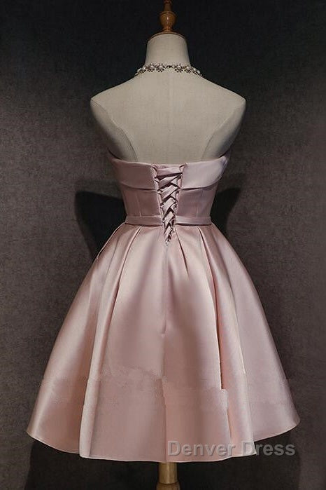 Cute Pink Satin Scoop Knee Length Short Prom Dresses Homecoming Dresses, Pink Formal Dresses
