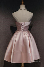 Cute Pink Satin Scoop Knee Length Short Prom Dress Homecoming Dress, Pink Prom Dresses