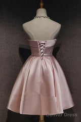 Cute Pink Satin Scoop Knee Length Short Prom Dress Homecoming Dress, Pink Formal Dresses