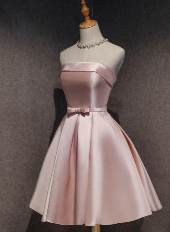 Cute Pink Satin Scoop Knee Length Short Prom Dress Homecoming Dress, Pink Prom Dresses Main image