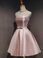 Cute Pink Satin Scoop Knee Length Short Prom Dress Homecoming Dress, Pink Prom Dresses