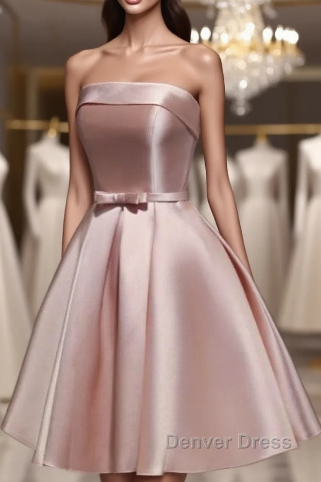 Cute Pink Satin Scoop Knee Length Short Prom Dress Homecoming Dress, Pink Prom Dresses