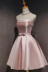 Cute Pink Satin Scoop Knee Length Short Prom Dress Homecoming Dress, Pink Formal Dresses