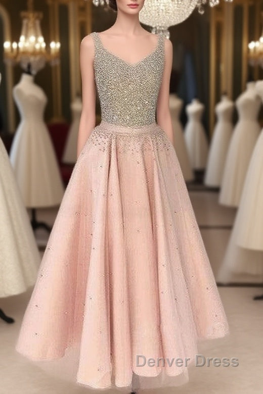 Cute Pink Sequin Tea Long Prom Dress, Pink Sequin Prom Dresses For Teens