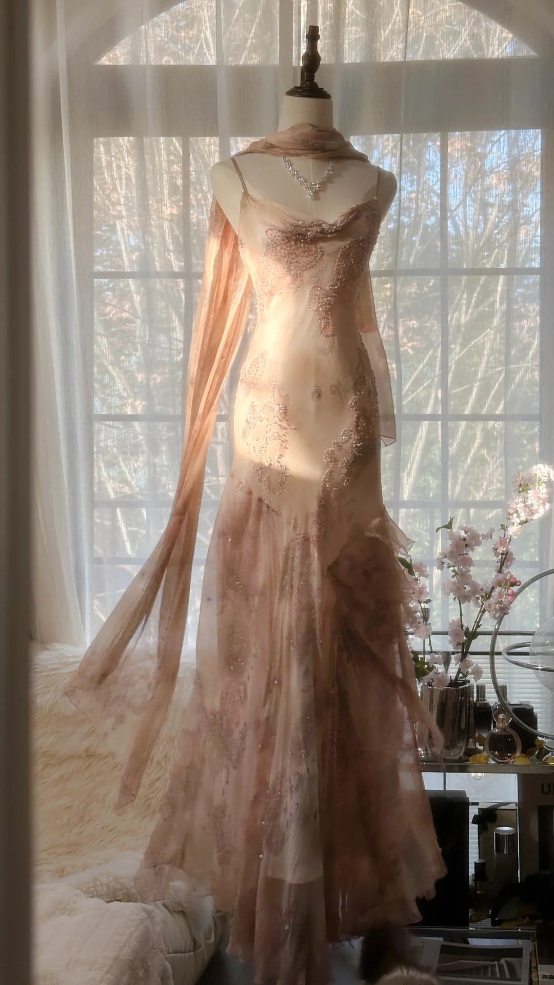 Cute Pink Shoulder Strap Flowing Ribbon Chiffon Beaded Long Prom Dresses