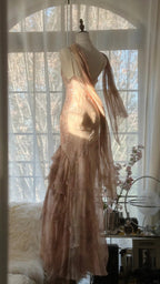 Cute Pink Shoulder Strap Flowing Ribbon Chiffon Beaded Long Prom Dresses