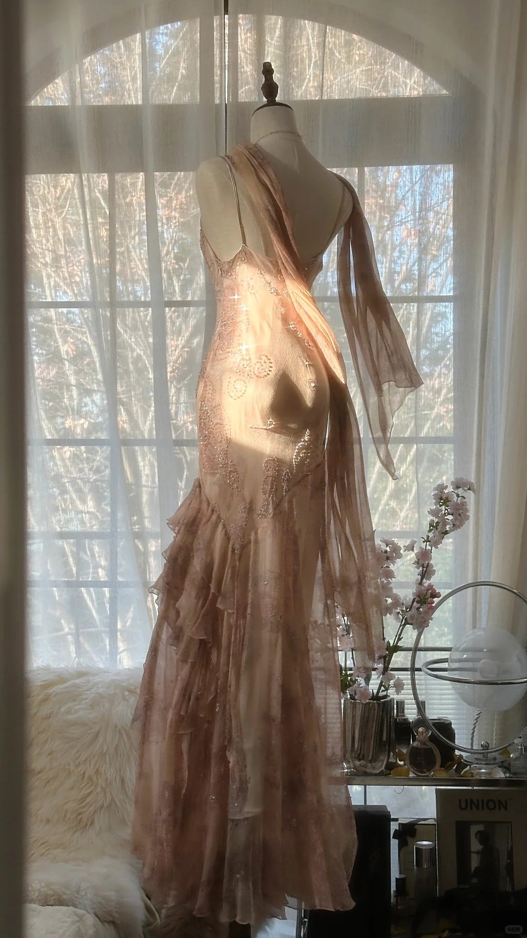 Cute Pink Shoulder Strap Flowing Ribbon Chiffon Beaded Long Prom Dresses