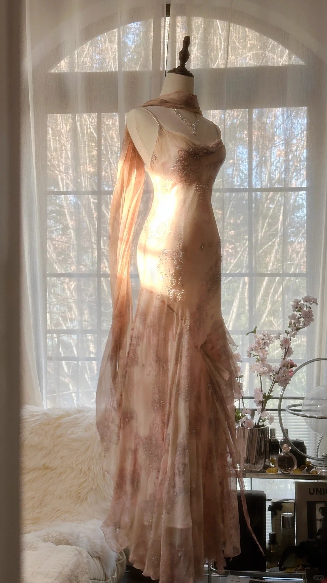 Cute Pink Shoulder Strap Flowing Ribbon Chiffon Beaded Long Prom Dresses