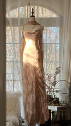 Cute Pink Shoulder Strap Flowing Ribbon Chiffon Beaded Long Prom Dresses