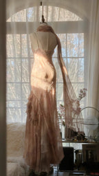 Cute Pink Shoulder Strap Flowing Ribbon Chiffon Beaded Long Prom Dresses
