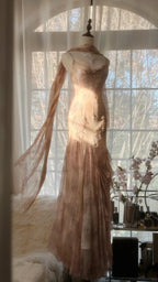 Cute Pink Shoulder Strap Flowing Ribbon Chiffon Beaded Long Prom Dresses