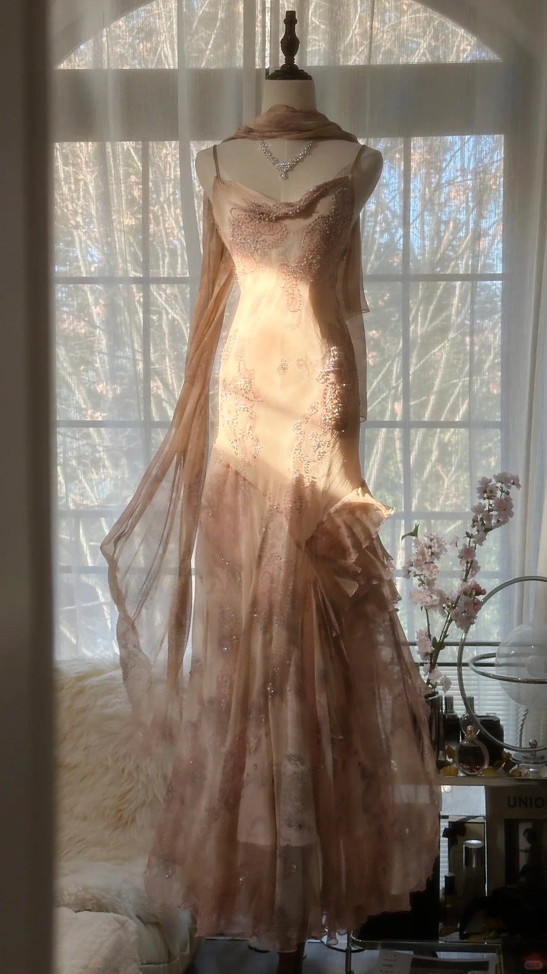 Cute Pink Shoulder Strap Flowing Ribbon Chiffon Beaded Long Prom Dresses
