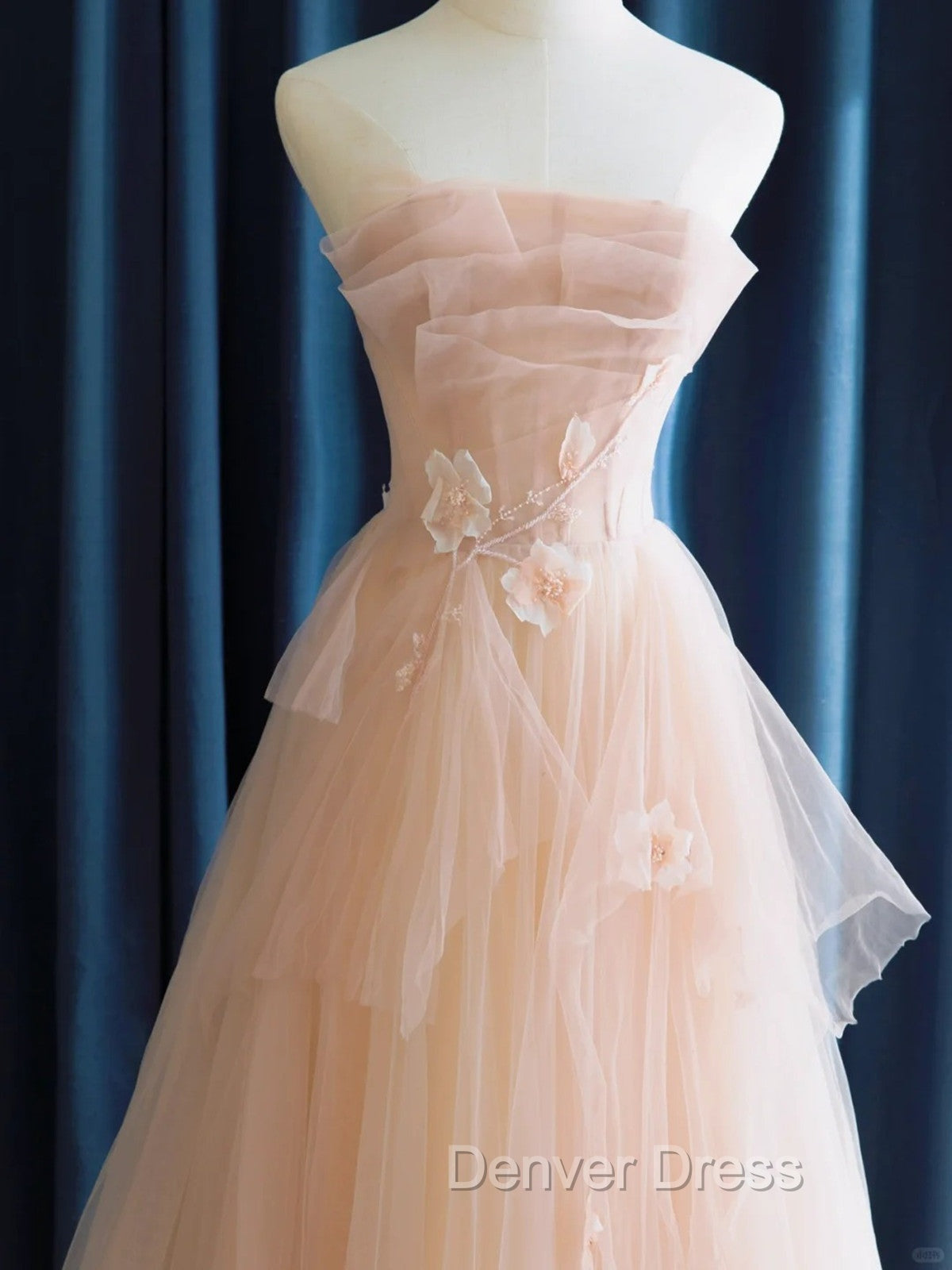 Cute Pink Strapless Tulle Long Prom Dress with Flowers, Pink Tulle Prom Dresses Secondary image