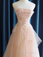 Cute Pink Strapless Tulle Long Prom Dress with Flowers, Pink Tulle Prom Dresses