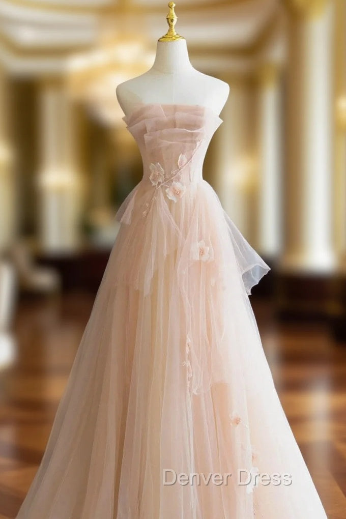 Cute Pink  Strapless Tulle Long Formal Dresses with Flowers, Pink Tulle Prom Dresses Main image