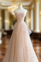 Cute Pink  Strapless Tulle Long Formal Dresses with Flowers, Pink Tulle Prom Dresses