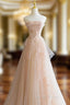Cute Pink Strapless Tulle Long Prom Dress with Flowers, Pink Tulle Prom Dresses