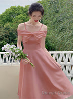 Cute Pink Tea Length Off Shoulder Wedding Prom Dress, Pink Short Prom Dresses