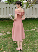 Cute Pink Tea Length Off Shoulder Wedding Prom Dress, Pink Short Prom Dresses
