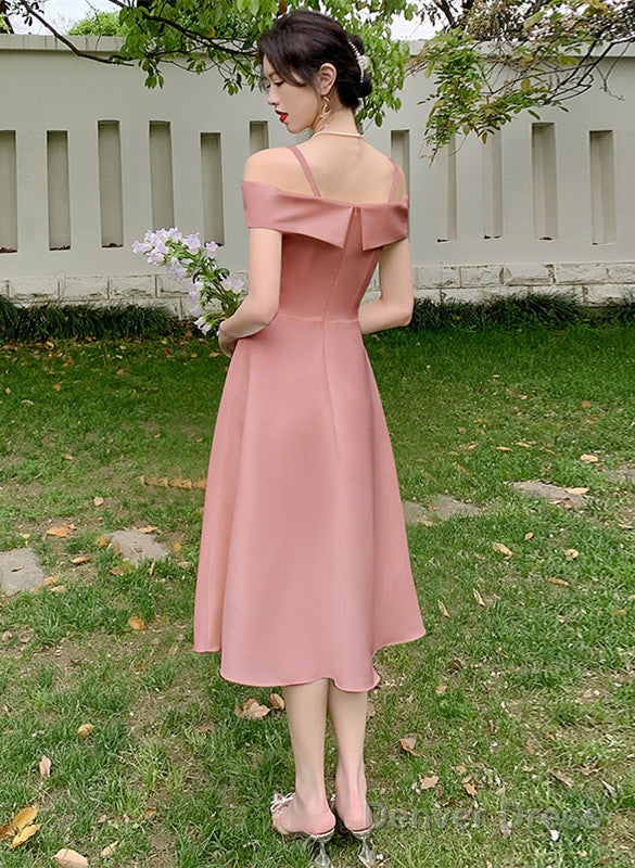 Cute Pink Tea Length Off Shoulder Wedding Prom Dress, Pink Short Prom Dresses