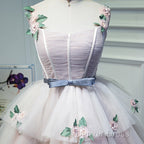 Cute Pink Tulle Short Flowers Lace Layers Prom Dress, Pink Short Homecoming Dresses