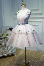 Cute Pink Tulle Short Flowers Lace Layers Prom Dress, Pink Short Homecoming Dresses