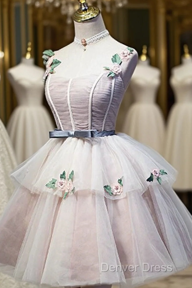 Cute Pink Tulle Short Flowers Lace Layers Formal Dresses, Pink Short Homecoming Dresses Main image