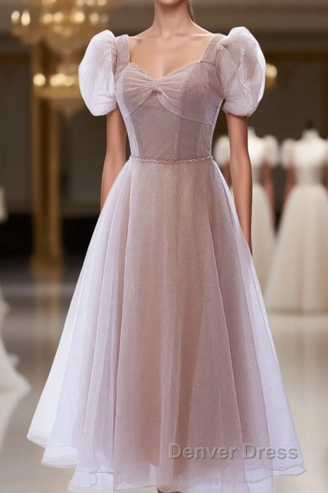 Cute Pink Tulle Short Sleeves Knee Length Homecoming Dress, Cute Pink Prom Dresses Main image