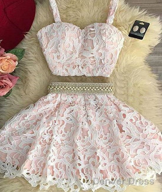 Cute Pink Two Pieces Lace Short Prom Dress, Pink Homecoming Dresses Main image