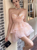 Cute Puffy Pink V Neck Mini Birthday Dresses Homecoming Dresses