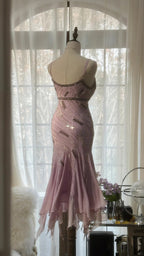 Cute Purple Strap Beaded Chiffon Mermaid Short Prom Dresses
