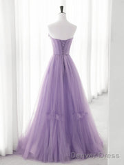 Cute Purple Tulle A-Line Long Prom Dress With Flowers, Purple Tulle Party Dress