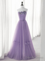 Cute Purple Tulle A-Line Long Prom Dress With Flowers, Purple Tulle Party Dress