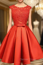 Cute Red Homecoming Dress, Round Neckline Lace and Satin Prom Dresses