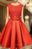 Cute Red Homecoming Dress, Round Neckline Lace and Satin Prom Dresses