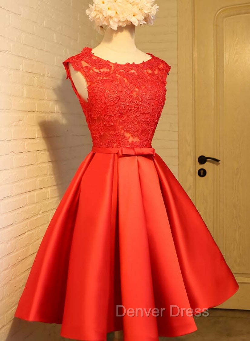 Cute Red Homecoming Dresses, Round Neckline Lace and Satin Party Dresses Main image