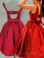 Cute Red Satin Scoop Sleeveless Short Party Dresses, Red Homecoming Dresses