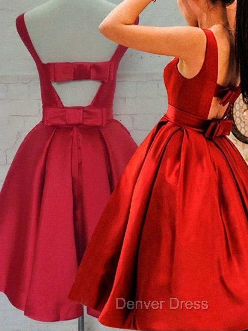Cute Red Satin Scoop Sleeveless Short Party Dresses, Red Homecoming Dresses