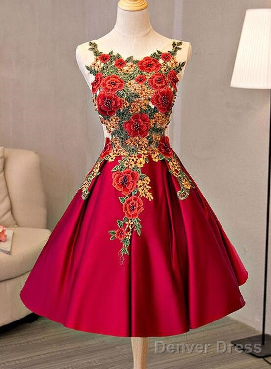 Cute Red Satin With Embroidery Knee Length Homecoming Dress, Short Prom Dresses Main image