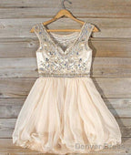 Cute Round Neck Bead Apricot Short Prom Dress, Homecoming Dresses