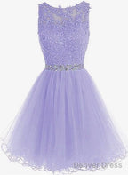 Cute Round Neck Lace Short Purple Prom Dress, Purple Homecoming Dresses