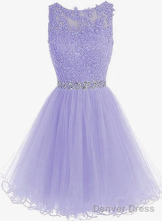 Cute Round Neck Lace Short Purple Prom Dress, Purple Homecoming Dresses