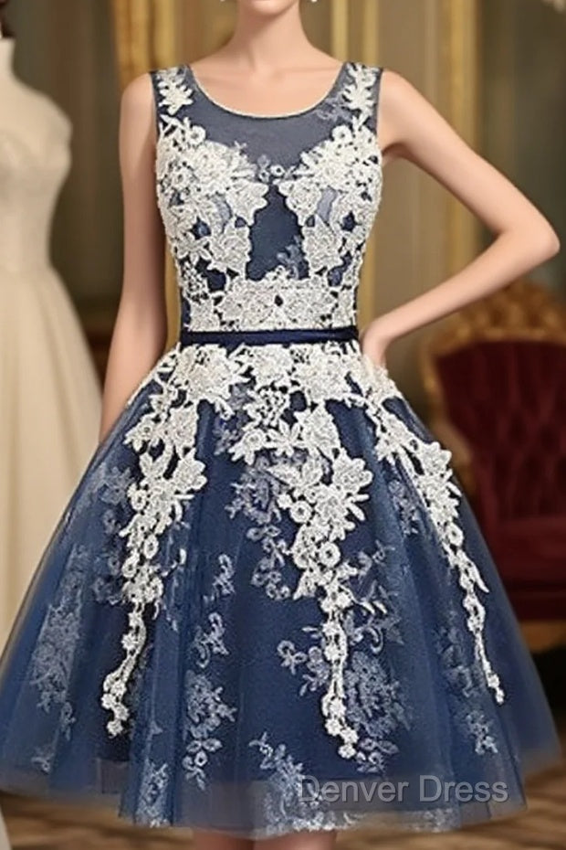 Cute Round Neck Lace Tulle Dark Blue Short Prom Dress, Bridesmaid Dresses Main image
