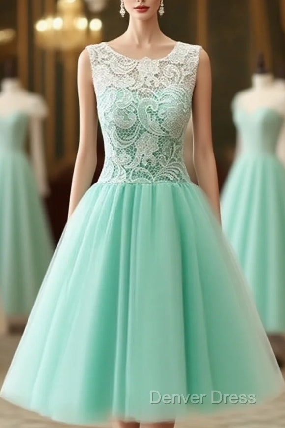 Cute Round Neck Lace Tulle Short Green Prom Dresses, Bridesmaid Dresses Main image