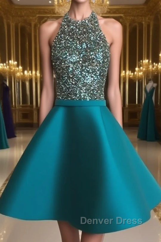 Cute Round Neck Sequin Backless Green Short Prom Dress, Green Homecoming Dresses