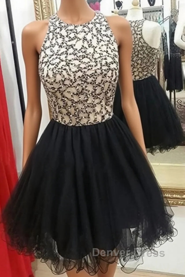 Cute Round Neck Sequin Tulle Short Black Prom Dress, Black Homecoming Dresses