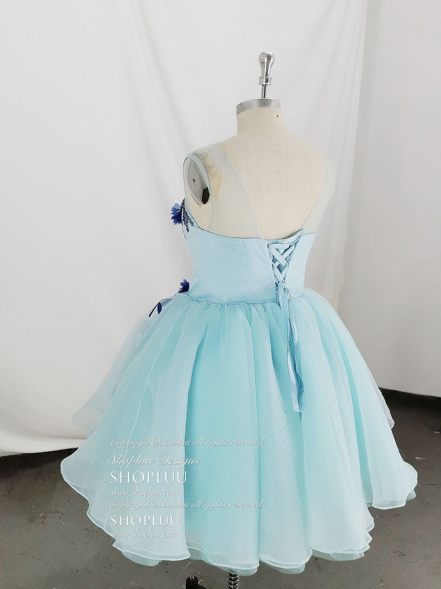 Cute Round Neck Tulle Lace Short Prom Dresses, Blue Homecoming Dresses Main image